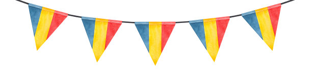 色彩鲜艳的罗马尼亚三角旗花环。蓝色，黄色，红色。手绘水彩图形绘画，剪纸元素的设计，打印，贺卡，邀请，海报。图片下载