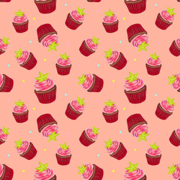 手绘纸杯蛋糕图案的打印设计。手绘粉色奶油纸杯蛋糕图案。松饼。产品包装、面料印花等设计图片下载