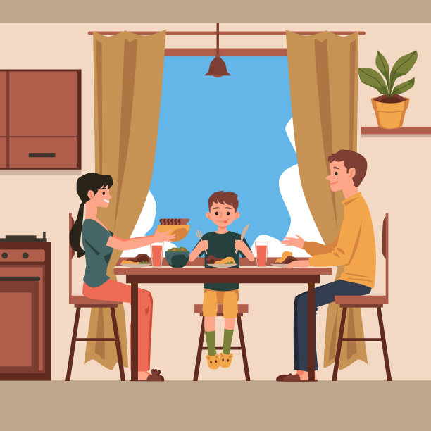 家庭在一个舒适的气氛中在厨房餐桌上吃饭-平面矢量插图图片下载