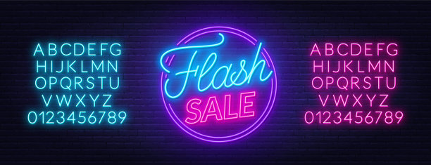 砖墙背景上的限时抢购霓虹灯图片下载