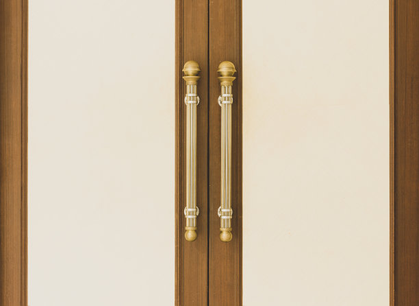 复古的金色门把手前门入口室内的家。封闭式轻木门在室内的风格。酒店室内设计的门道配件。房子公寓入口通道图片下载