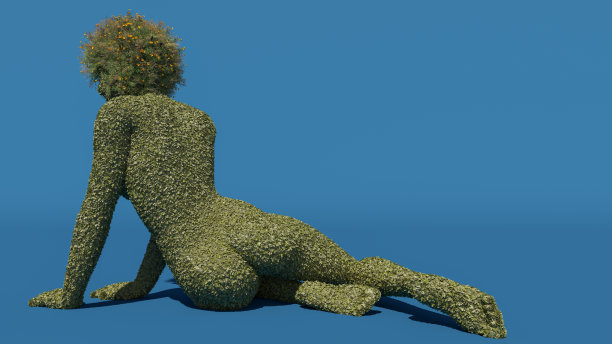 由叶和花组成的女性人物坐在和倚靠在她的双手在蓝色背景上图片下载