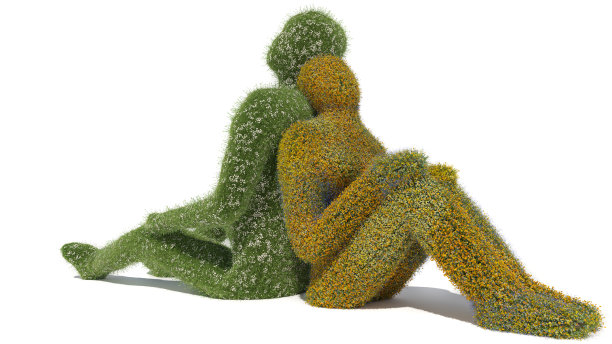 男性和女性人物覆盖鲜花和草背靠背坐在白色的背景图片下载