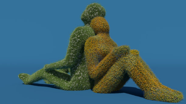 男性和女性人物覆盖花和草背靠背坐在蓝色背景图片下载