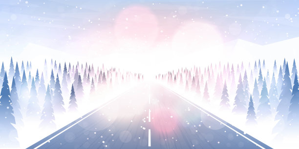 矢量插图。平坦的风景。下雪的背景。雪。降雪。湛蓝的天空。暴雪。卡通壁纸。寒冷的天气。冬天的季节。森林树木和山脉。设计网站图片下载