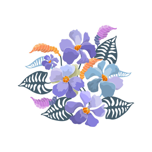 花的气味。矢蓝色抽象花，芽，绿叶。图片下载