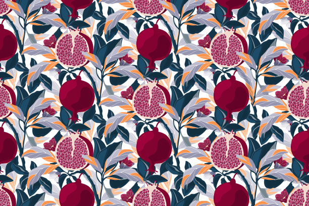 艺术花卉矢量无缝图案。石榴树与栗色的果实，蓝色，紫色，橙色的叶子。图片下载
