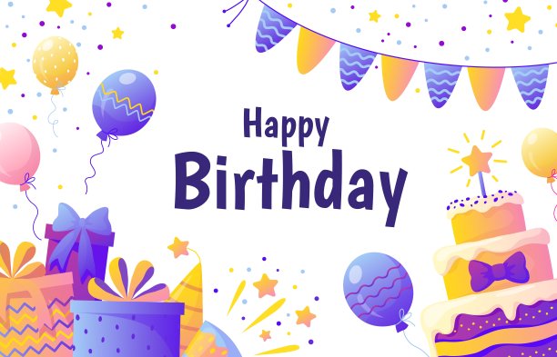 生日快乐的横幅。彩色装饰元素，气球和五彩纸屑的派对邀请卡。向量海报模板图片下载
