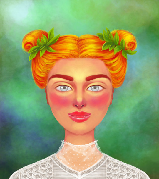 插图肖像的一个女孩与红头发看直图片下载