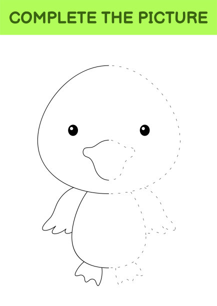 完成可爱的鸭子的图片。彩色的书。复制图片。书法练习，绘画技巧训练。教育开发可打印的工作表。活动页面。卡通矢量插图。图片下载