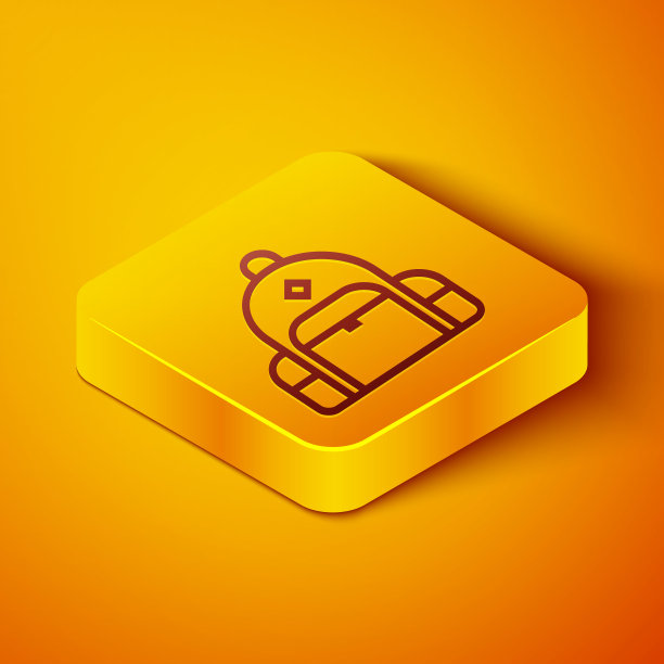 等距线远足背包图标孤立在橙色背景。野营和登山背包。黄色正方形按钮。矢量图图片下载