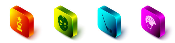 设置等距奖杯，曲棍球面具，冰球棍和曲棍球头盔图标。向量图片下载