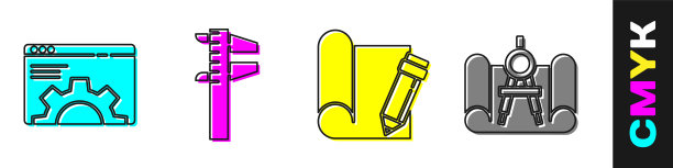 设置浏览器设置，卡尺或卡尺和刻度，绘图纸和铅笔和绘图纸和指南针图标。向量图片下载