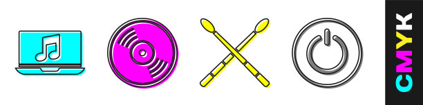 设置笔记本电脑音乐笔记，黑胶唱片，鼓棒和电源按钮图标。向量图片下载