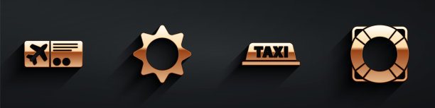 设置机票，太阳，出租车车顶和救生圈图标与长影子。向量图片下载