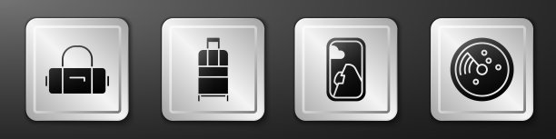 设置手提箱，手提箱，飞机窗口和雷达与目标的监视器图标。银广场按钮。向量图片下载