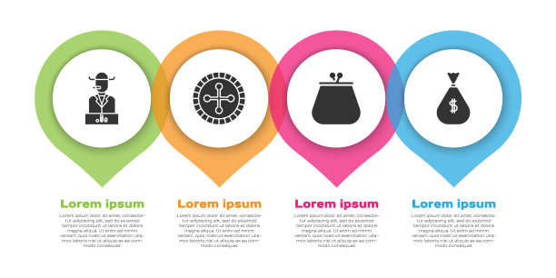 设置扑克玩家，赌场轮盘赌轮，钱包和钱袋。业务信息图模板。向量图片下载