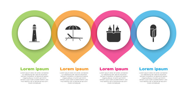 设置灯塔，日光浴床和伞，冷却器袋和水和冰淇淋。业务信息模板。向量图片下载