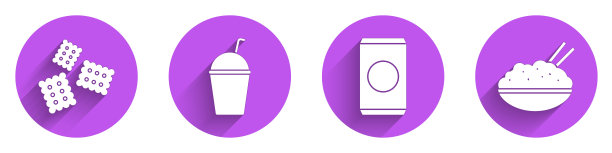 将饼干、奶昔、汽水罐和米饭放在一个带有长影子的筷子图标的碗里。向量图片下载