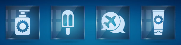 设置防晒喷雾瓶，冰淇淋，飞机演讲泡沫和防晒霜管。方形玻璃面板。向量图片下载