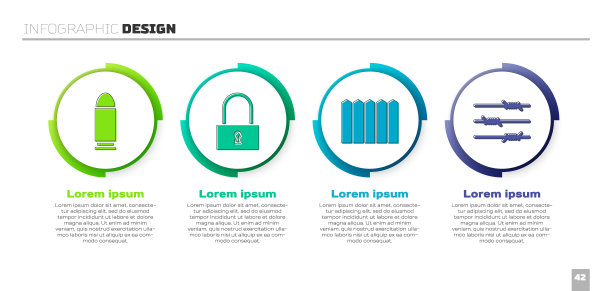 设置子弹，锁，花园栅栏和铁丝网。业务信息图模板。向量图片下载