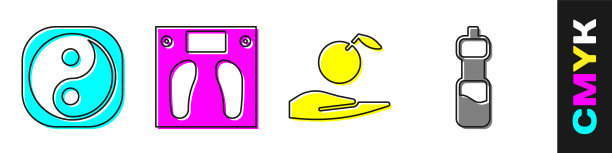 设置阴阳，浴室秤，手持苹果和瓶装水的图标。向量图片下载