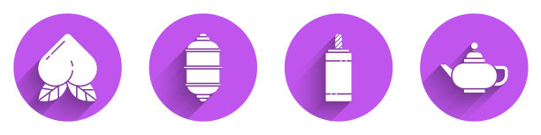 设置桃果，中国纸灯笼，烟花和中国茶道图标与长影子。向量图片下载