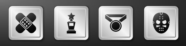 设置交叉绷带石膏，奖励杯，奖章和曲棍球面具图标。银广场按钮。向量图片下载