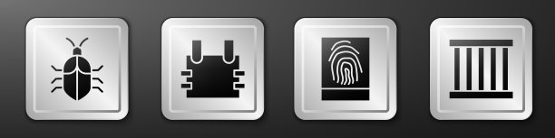 设置系统错误概念，防弹背心，指纹和监狱窗口图标。银广场按钮。向量图片下载