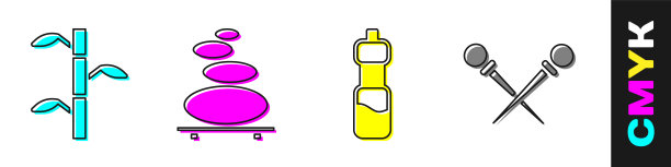 设置竹茎与叶子，堆叠热石头，瓶水和针织针图标。向量图片下载