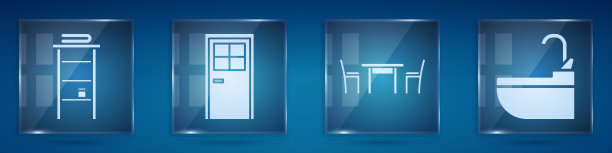 设置浴室架和毛巾架，封闭的门，木桌和椅子，脸盆和水龙头。方形玻璃面板。向量图片下载