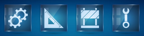 设置齿轮，三角尺，路障和扳手扳手。方形玻璃面板。向量图片下载
