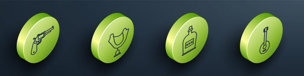 设置等距左轮手枪，狂野西部马鞍，酒精饮料朗姆酒瓶和班卓琴图标。向量图片下载