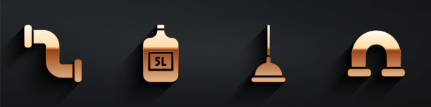 设置工业金属管，大瓶清洁水，橡胶柱塞和工业金属管图标长阴影。向量图片下载