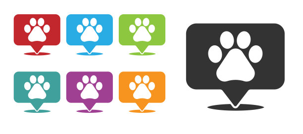 黑色地图指针与兽医医院，诊所或宠物店的动物图标隔离在白色背景上。兽医或兽医诊所。设置彩色图标。向量图片下载