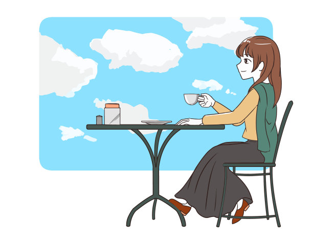 女裙花时间在咖啡厅蓝天。图片下载