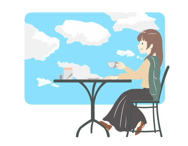 女裙花时间在咖啡馆蓝天(没有线)图片下载