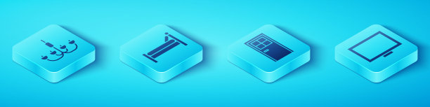 在桌子上设置吊灯、床、相框和关门图标。向量图片下载