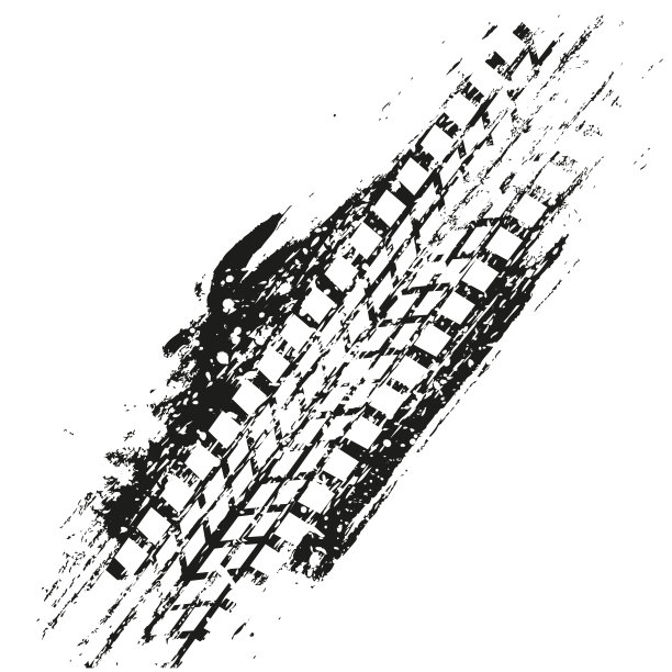 白色背景上的黑色轮胎痕迹。黑色墨水斑点飞溅与白色轮胎轨迹剪影，矢量插图。图片下载