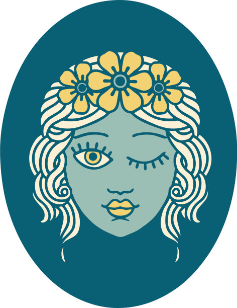 纹身风格图标少女与皇冠图片下载