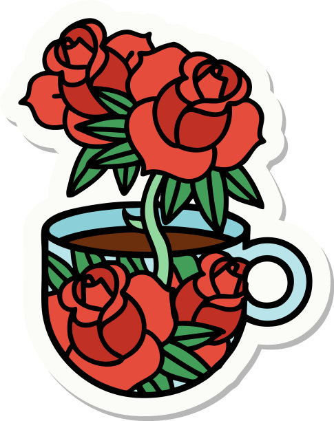 纹身风格贴纸杯和花图片下载