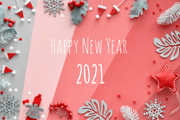 短信“2021年新年快乐”。冬季装饰:银色树叶、玩偶、雪花。顶视图的分层纸背景在红色，粉色和银灰色。图片下载