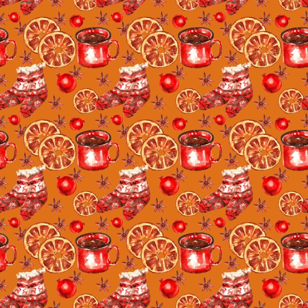 新年圣诞无缝图案水彩元素:饼干、茶杯、人字、橘子、袜子、雪人图片下载