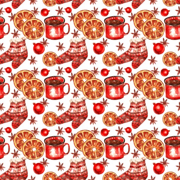 新年圣诞无缝图案水彩元素:饼干、茶杯、人字、橘子、袜子、雪人图片下载