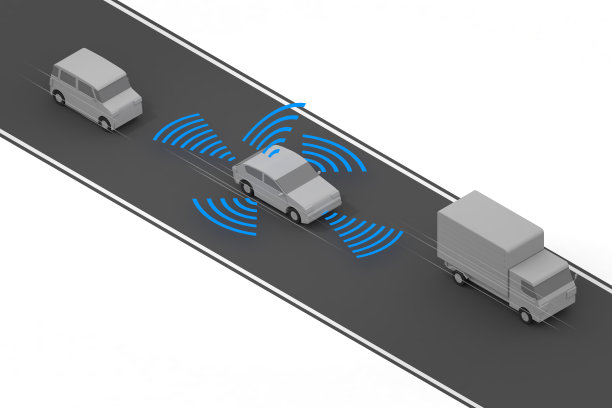 自动行驶的汽车3辆车。一辆在路上行驶的汽车。雷达从车里出来。等距。图片下载