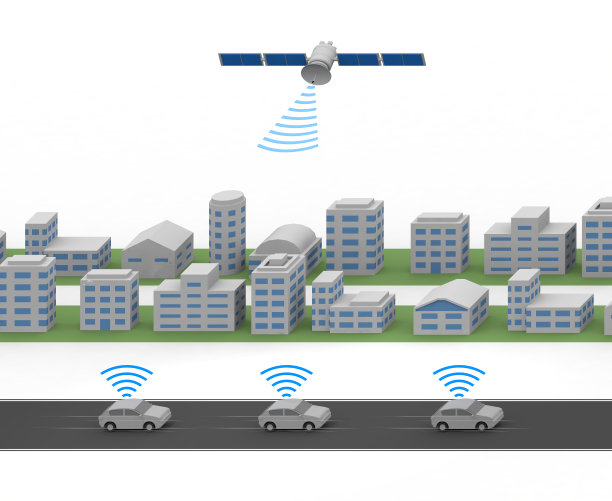 自动驾驶和人造卫星。跑步时要保持车与车之间的距离。雷达从车里出来。一辆在路上行驶的汽车。等距。图片下载