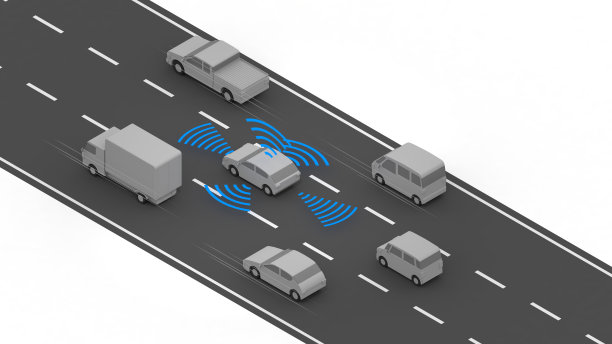 自动行驶的汽车跑步时要保持车与车之间的距离。6汽车。一辆在路上行驶的汽车。雷达从车里出来。等距。图片下载