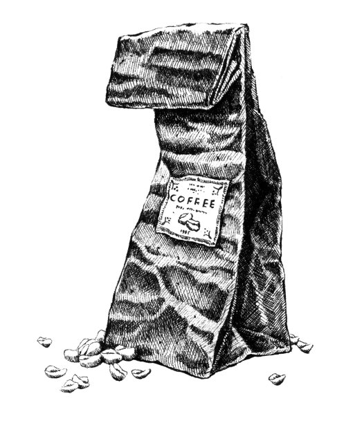 装咖啡豆的纸袋。手绘黑白插图。Jpeg只图片下载