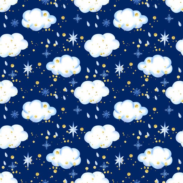 可爱的卡通云无缝图案与雨滴，雪花在深蓝色的背景。水彩插图图片下载