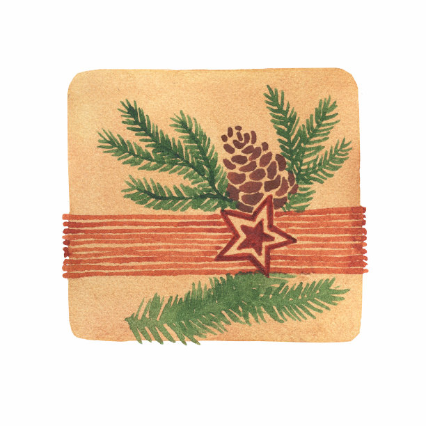 圣诞和新年快乐礼盒用手工包装纸装饰云杉树枝和红星，复古风格。水彩画手绘插图孤立在白色背景图片下载